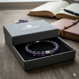 The amethyst bracelet presented in a sleek, branded gift box, ready for purchase as a perfect gift for men.