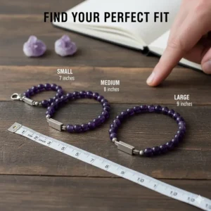 Sizing guide showing different lengths of the amethyst beaded bracelet, helping men find the perfect fit.