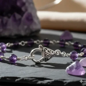 Detail view of a high-quality lobster claw clasp on an adjustable amethyst bracelet chain.