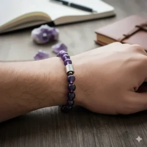 Close-up shot of the amethyst bracelet for men worn comfortably on a male wrist, showcasing deep purple hues.