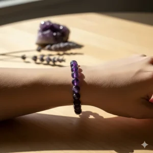 Woman wearing a stretch amethyst bracelet on her wrist, emphasizing the comfortable fit and deep purple color.