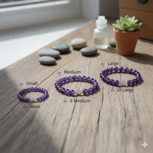 Comparison image showing different sizes of the amethyst bracelets to help women choose the right fit.