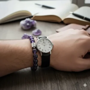 Styling idea: The amethyst men's bracelet worn alongside a classic watch, demonstrating a fashionable layered look.