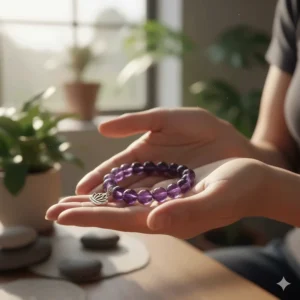 A woman holding the amethyst calming bracelet during a meditation or relaxation session.