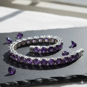 Classic sterling silver amethyst tennis bracelet with faceted round-cut stones for brilliant sparkle.