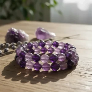 Close-up of a natural beaded amethyst bracelet, perfect for spiritual healing and stress relief.