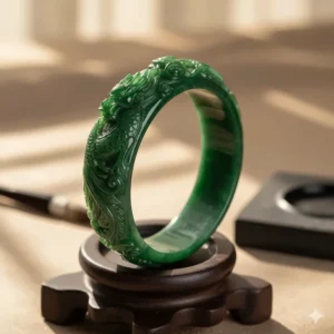 Detailed image of a meticulously carved jade bangle bracelet featuring a traditional dragon and phoenix motif.