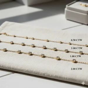 Comparison of different total carat weight options for a bezel-set diamonds by the yard bracelet.