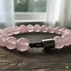 Close-up of the durable elastic or clasp mechanism, emphasizing the quality and longevity of the rose quartz men's bracelet.