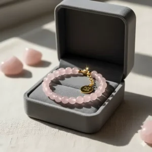 A luxurious rose quartz bracelet for her placed inside a velvet jewelry box, ready for gifting.