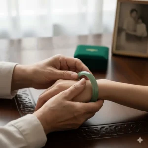 Graphic depicting a jade bracelet being passed between two hands, symbolizing the meaning of the jade bracelet as an heirloom and an expression of love.