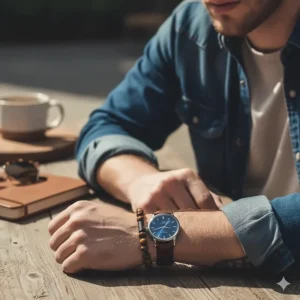 A stylish man wearing a classic tiger eye bracelet on his wrist with a wristwatch and casual clothing.