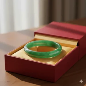 A pristine jade bangle bracelet presented beautifully inside a traditional silk-lined gift box, ready for gifting.