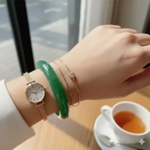 An elegant shot of a jade bangle bracelet being worn, showing how it looks on the wrist next to other fine jewelry pieces.