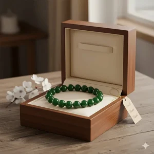 A beautiful green jade bead bracelet placed in a luxurious wooden gift box, ideal for presenting as a meaningful and thoughtful gift.