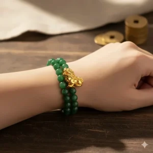 Elegant jade bead bracelet featuring a 24K gold Pixiu charm, symbolizing wealth and protection, a popular choice for lucky jade jewelry.