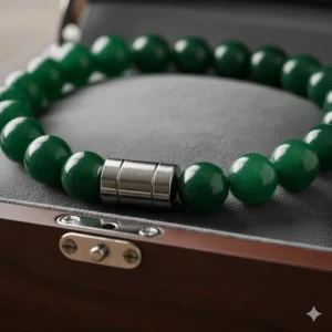 Detailed close-up of the durable stainless steel magnetic clasp on the mens jade bracelet.