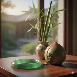 Image showing a jade bracelet next to a stylized peach or bamboo (symbols of longevity) to illustrate the jade bracelet meaning for long life and health.