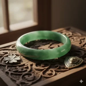 Illustration showing a jade bracelet with icons for a four-leaf clover and a shield, emphasizing the common jade bracelet meaning of good luck and protection.