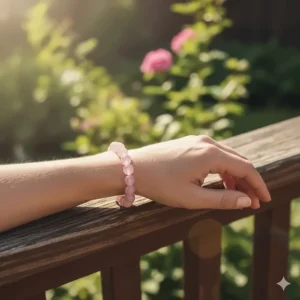 Lifestyle shot of a woman wearing the rose quartz jewelry outside, catching the sunlight.