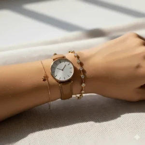 Styling inspiration showing a diamonds by the yard bracelet layered with a watch and other delicate chains.