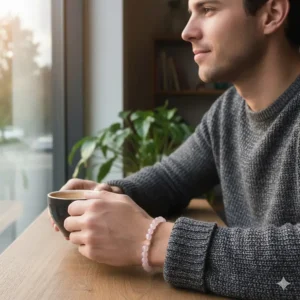 A man wearing the rose quartz bracelet in a casual, everyday setting, demonstrating the accessory's versatility and masculine appeal.