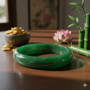 Close-up of a vibrant green jade bracelet to explain the meaning of prosperity, vitality, and abundance.