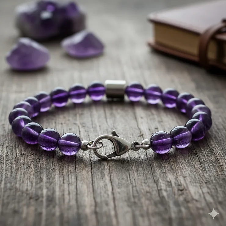 Men's amethyst bracelet featuring 8mm polished beads, perfect for daily wear and balancing energy.