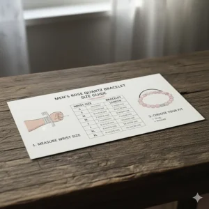 Diagram showing the size options and measurement guide for selecting the correct fit for the men's rose quartz bracelet.
