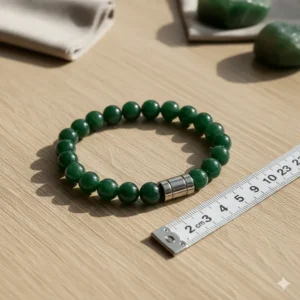 Sizing guide for a mens jade bracelet, showing the diameter in inches and centimeters.