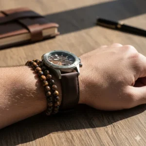 Men's triple-wrap tiger eye bracelet paired with a watch for a layered, casual accessory look.