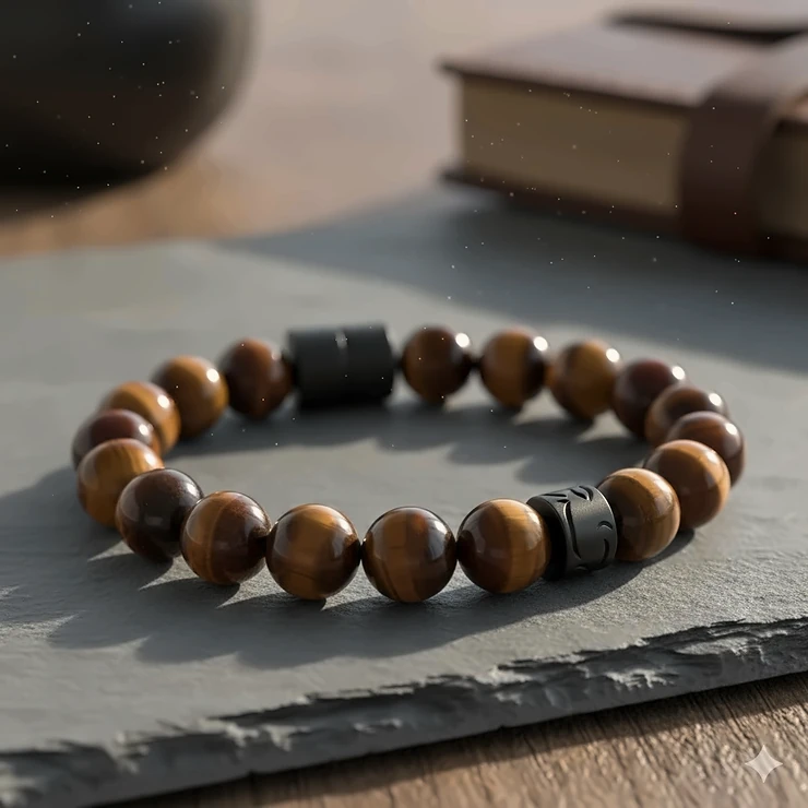 A close-up view of a men's tiger eye bracelet featuring premium, polished stones and a durable elastic band. mens tiger eye bracelet