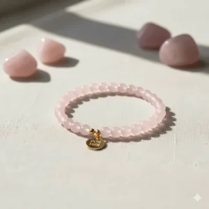 Simple, minimalist rose quartz bracelet with a single charm, perfect for everyday wear.