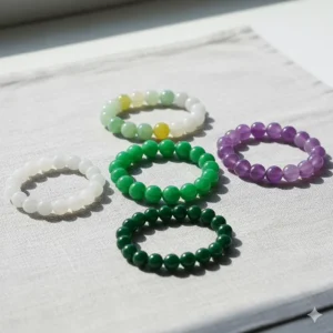 A collection of multi-color jade bead bracelets, including white, lavender, and classic green jade, showcasing variety for personalized style.