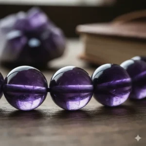 Macro view highlighting the high quality and natural clarity of the amethyst beads used in this men's bracelet.