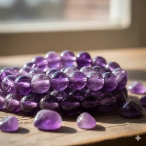 Close-up of polished, deep purple natural amethyst gemstone beads used in the bracelet.