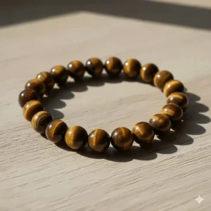 High-angle shot of a classic natural brown tiger eye stretch bracelet with smooth, round 8mm beads.
