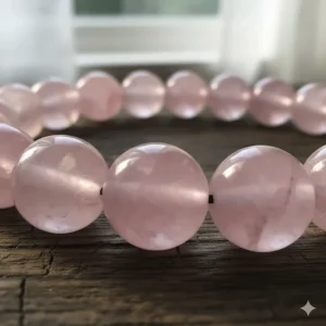 Detailed macro image showcasing the smooth, natural rose quartz beads used in the construction of this men's healing gemstone bracelet.