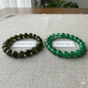 Comparison image illustrating the subtle differences between nephrite jade bead bracelets and jadeite jade bead bracelets.