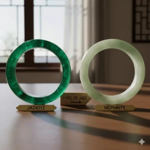 A comparison image of a translucent jadeite bangle next to an opaque nephrite bangle, differentiating the two types of jade used for bracelets.