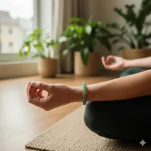 A person wearing a jade bead bracelet while practicing yoga, emphasizing the spiritual and healing properties associated with wearing jade.