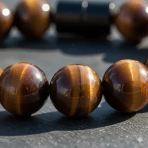 Detailed macro shot of the highly polished, chatoyant tiger eye stone beads.