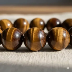 Detailed view of the highly polished tiger eye beads, highlighting the unique bands of gold and brown color.