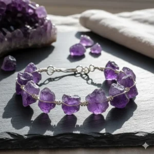 Unique bracelet featuring raw amethyst crystal chunks, highlighting the stone's natural texture and energy.