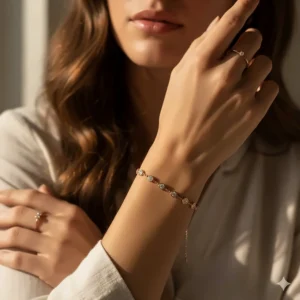 Elegant rose gold diamonds by the yard bracelet styled on a model's wrist for a modern look.