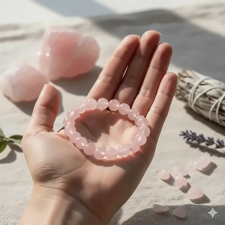 A rose quartz bracelet featuring polished, smooth beads on a hand, showcasing the stone's delicate pink color and natural clarity.