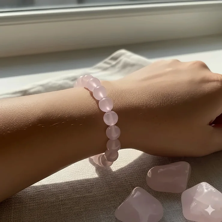 Stunning rose quartz bracelet for women on a wrist, featuring polished, genuine gemstone beads.