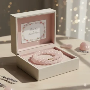 Elegant packaging for a rose quartz bracelet, showing the jewelry nestled in a velvet-lined gift box, perfect for an anniversary present.