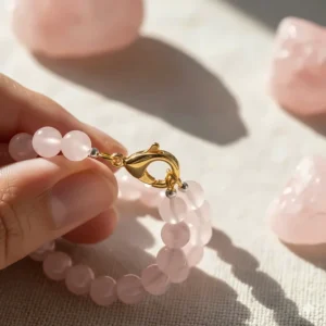 Close-up of a rose quartz bracelet secured with a decorative gold-plated clasp, suitable for gifting.