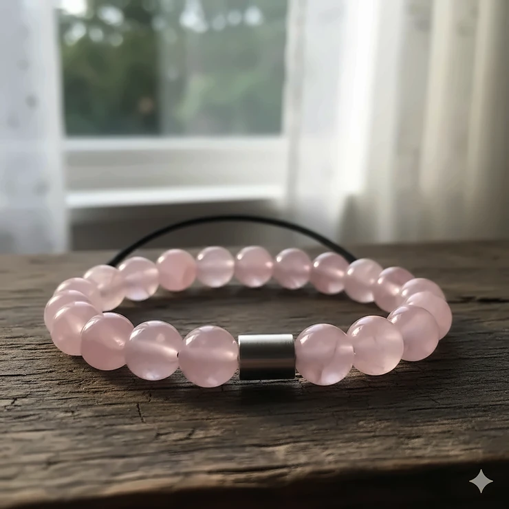 A close-up view of a stylish rose quartz bracelet for men featuring natural, polished beads and a durable elastic band.
